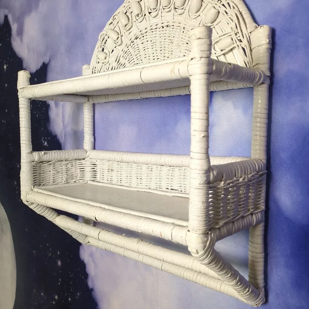 Vintage White Wicker Rattan Hanging Wall Shelf Boho Cottagecore Peacock Style